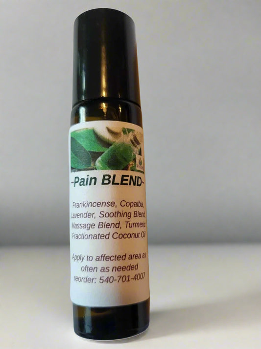 Pain blend roller bottle with label on a light background